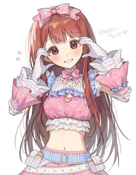 Rule 34 | 1girl, absurdres, belt, belt pouch, blue belt, blunt bangs, blush, bow, breasts, cleavage, cleavage cutout, clothing cutout, commentary request, detached sleeves, dot nose, eyelashes, flying sweatdrops, frills, gloves, grin, hano9789, heart, heart print, highres, idolmaster, idolmaster million live!, idolmaster million live! theater days, lace-trimmed bow, lace trim, layered sleeves, long hair, midriff, navel, official alternate costume, open mouth, pink bow, pink shirt, pink skirt, pouch, red eyes, red hair, shirt, skirt, smile, solo, straight hair, sweet dolls (idolmaster), tanaka kotoha, too many, too many frills, very long hair, white background, white gloves
