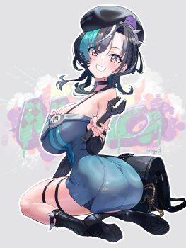 Rule 34 | 1girl, :d, absurdres, ass, beret, black choker, black hair, black hat, braid, breasts, choker, commentary request, detached sleeves, dress, fueppu, grey background, hat, highres, hololive, hololive dev is, large breasts, looking at viewer, looking back, mole, mole on neck, multicolored hair, narrow waist, official alternate costume, open mouth, red eyes, rindo chihaya, rindo chihaya (holonatsu paradise), seiza, simple background, sitting, skindentation, smile, solo, streaked hair, teeth, thigh strap, thighhighs, thighs, virtual youtuber, white hair, wrench