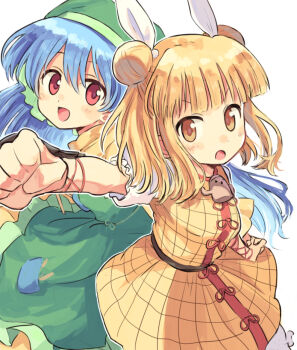2girls :d apron arm_guards armor belt blonde_hair blue_hair blush brown_belt double_bun dress green_apron green_headscarf hair_bun hair_ribbon haniwa_(statue) haniyasushin_keiki hatsukaze33 headscarf japanese_armor joutouguu_mayumi long_hair medium_hair multiple_girls open_mouth pocket punching red_eyes ribbon short_sleeves simple_background smile tools touhou white_background white_ribbon white_sleeves yellow_dress yellow_eyes
