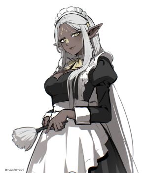 1girl absurdres alternate_costume apron artist_name black_dress breasts cithis cleavage dark-skinned_female dark_elf dark_skin dress dungeon_meshi elf facial_mark forehead_mark frilled_sleeves frills highres holding lips long_hair looking_at_viewer maid maid_apron maid_headdress mayo_(mayo88meshi) notched_ear pointy_ears puffy_sleeves ribbon sidelocks simple_background smile solo very_long_hair white_apron white_background white_hair yellow_eyes yellow_ribbon