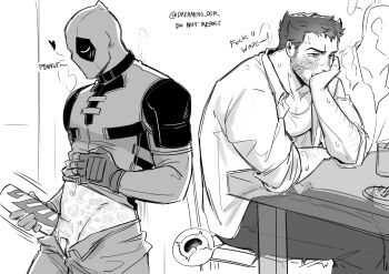 2boys anger_vein arm_hair artificial_vagina beard blush bodysuit cervix character-themed_artificial_vagina cum cuntboy deadpool deadpool_&amp;_wolverine deadpool_(series) dreaming_oor english_text erection facial_hair full-face_blush gloves heart highres male_focus marvel marvel mask monochrome multiple_boys muscular muscular_male pants pectorals penis portal_fleshlight portal_sex pussy scar scars_all_over sex_toy shirt short_hair sitting superhero_costume table tearing_up teeth telepathic_sex testicles too_many uncommon_stimulation voodoo wolverine_(x-men) x-men x-ray yaoi