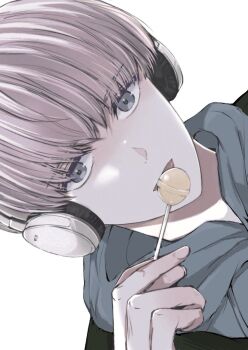 Rule 34 | 1boy, blue eyes, blue hoodie, candy, commentary request, drawstring, food, grey hair, headphones, highres, holding, holding candy, holding food, holding lollipop, hood, hood down, hoodie, jacket over hoodie, kaji ren, lollipop, looking at viewer, male focus, miminaponpon, short hair, solo, tongue, tongue out, wind breaker (nii satoru)