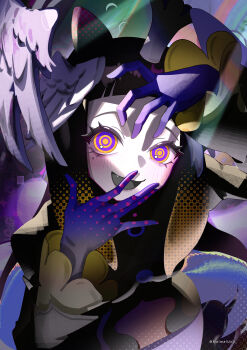 1girl absurdres artist_name blunt_bangs crown feathered_wings head_wings highres hololive hololive_english hppu8734 long_hair long_sleeves looking_at_viewer multicolored_eyes ninomae_ina'nis open_mouth portrait purple_eyes purple_hair purple_hands ringed_eyes solo tako_takover_(ninomae_ina'nis) tentacle_hair twitter_username upper_body virtual_youtuber white_wings wings yellow_eyes