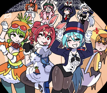 Rule 34 | > <, 6+girls, adachi rei, akita neru, anger vein, animal costume, animal ears, aqua eyes, aqua hair, audience, belt, beret, black bow, black hat, black necktie, black pantyhose, blonde hair, blue belt, blue bow, blue jacket, blue theme, bow, breasts, buttons, carrot, carrot necklace, chicken costume, cleavage, closed eyes, collared shirt, commentary, cosplay, dress, drill hair, easter, egg, english commentary, english text, fur-trimmed dress, fur trim, gloves, green eyes, green hair, green hat, green shirt, gumi, hair bow, hair intakes, hair ornament, hair ribbon, hairclip, hat, hatsune miku, headlamp, heart, heart hands, highres, hololive, inaba tewi, inaba tewi (cosplay), jacket, jewelry, kasane teto, large breasts, leg up, long hair, looking at viewer, medium hair, miracle paint (vocaloid), mitsuko tan, momone momo, multiple girls, neck ribbon, necklace, necktie, one eye closed, one side up, open clothes, open jacket, open mouth, orange jacket, orange skirt, pantyhose, pink dress, playboy bunny, ponytail, pout, project diva (series), puffy short sleeves, puffy sleeves, purple hair, purple hat, rabbit costume, rabbit ears, rabbit pose, rabbit tail, red eyes, red necktie, red ribbon, reisen udongein inaba, reisen udongein inaba (cosplay), ribbon, shirt, short hair, short hair with long locks, short sleeves, skirt, smile, stage, tail, teeth, tongue, tongue out, top hat, touhou, twin drills, usada pekora, usada pekora (cosplay), utane uta, utau, virtual youtuber, vocaloid, watermark, white bow, white dress, white gloves, white hair, white ribbon, white shirt, yellow eyes, yowane haku