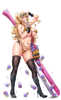 1girl bikini black_boots boots breasts curvy demon_girl explosive francis_(taimanin_asagi) grenade grin gyaru highres large_breasts lilith-soft long_hair looking_at_viewer saijou_satoru shiny_skin small_horns smile solo swimsuit taimanin_(series) taimanin_rpgx thong thong_bikini weapon weapon_on_back wide_hips
