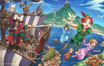 4girls 6+boys bird black_hair blonde_hair blue_nightgown canoe captain_hook coat crocodilian day facial_hair fairy flying gunshiprevolution hat holding holding_sword holding_weapon john_darling kriss_sison mermaid michael_darling monster_girl mountain mr._smee multiple_boys multiple_girls mustache native_american nightgown outdoors peter_pan_(novel) peter_pan_(novel_character) purple_tail red_coat seagull ship skull_and_crossbones sky sword tiger_lily_(peter_pan) tinker_bell_(disney) umbrella water watercraft waterfall weapon wendy_darling white_hair