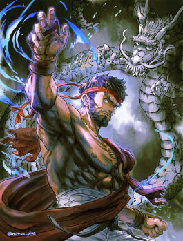 1boy arm_up beard black_hair blue_aura clenched_hand dougi dragon dragon_background energy facial_hair fighting_game fingerless_gloves from_below gloves grey_background grey_eyes headband highres karate_gi martial_arts_belt mitsu_plus muscular muscular_male reaching red_headband ryu_(street_fighter) short_hair solo street_fighter street_fighter_6 thick_eyebrows torn_clothes