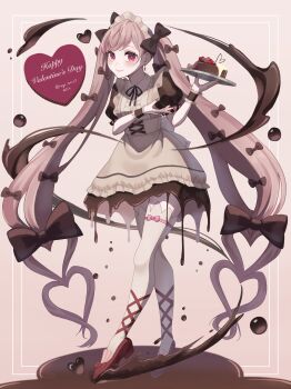 Rule 34 | 1girl, amanegi toro, apron, blush, bow, brown hair, dress, frills, full body, highres, long hair, maid, maid apron, maid headdress, original, ribbon, smile, solo, twintails, valentine, white apron