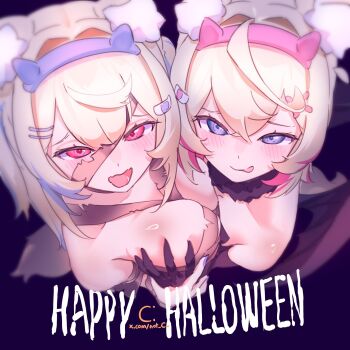 2girls animal_ears bandages bat_wings blue_eyes blue_hair blush breasts closed_mouth dog_ears dog_girl from_above fuwawa_abyssgard grabbing_another&#039;s_breast groping halloween hashtag-only_commentary highres hololive hololive_english large_breasts looking_up mococo_abyssgard multicolored_hair multiple_girls naked_bandage notced open_mouth pink_eyes pink_hair siblings sisters small_breasts tongue tongue_out twins two-tone_hair two_side_up virtual_youtuber wings