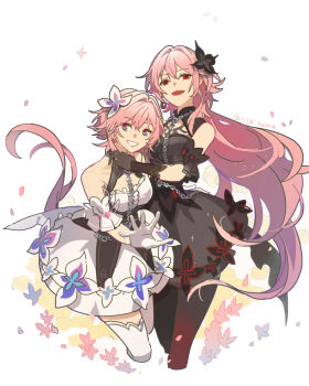Rule 34 | 2134twone, 2girls, alternate costume, bare shoulders, black dress, black flower, black gloves, breasts, chain, cosplay, dress, earrings, evernight (honkai: star rail), floral print, flower, gloves, hair between eyes, hair flower, hair ornament, highres, honkai: star rail, honkai (series), honkai impact 3rd, jewelry, long hair, march 7th (honkai: star rail), march 7th (preservation) (honkai: star rail), medium breasts, multicolored eyes, multiple girls, official alternate eye color, open mouth, pink hair, red eyes, seele (alter ego), seele vollerei, seele vollerei (cosplay), seele vollerei (stygian nymph), single earring, thighhighs, twitter username, two-tone eyes, very long hair, white background, white dress, white gloves