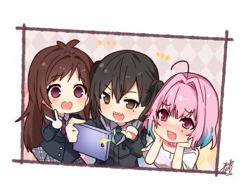 Rule 34 | #unicus (idolmaster), 3girls, :d, ahoge, argyle background, argyle clothes, black hair, black jacket, blazer, blue hair, blush, brown eyes, brown hair, cellphone, collared shirt, fang, green neckwear, grey skirt, hair intakes, hands on own face, holding, holding phone, idolmaster, idolmaster cinderella girls, jacket, long hair, mole, mole under eye, multicolored hair, multiple girls, necktie, omuretsu, open mouth, outstretched arm, phone, pink hair, plaid clothes, plaid skirt, pleated skirt, purple eyes, red neckwear, sharp teeth, shirt, short sleeves, signature, skirt, smile, sunazuka akira, teeth, tsujino akari, twintails, two-tone hair, v, very long hair, white shirt, yumemi riamu