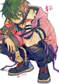 1boy aqua_eyes belt_buckle black_nails bracelet bright_pupils buckle closed_mouth commentary ear_piercing ensemble_stars! fingernails green_hair hair_between_eyes hair_ornament hairpin hand_up heart highres hood hood_down jewelry kagehira_mika long_sleeves male_focus mask mouth_mask nail_polish necklace official_alternate_costume pants piercing poison_a_la_mode_(ensemble_stars!) ring shoelaces short_hair sideways_glance simple_background solo squatting stuffed_animal stuffed_cat stuffed_toy torn_clothes torn_pants twitter_username utahyaya white_background white_pupils yellow_eyes