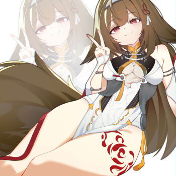 1girl absurdres animal_ears breasts brown_hair china_dress chinese_clothes clover_hair_ornament commentary dress droopy_ears fox_ears fox_girl fox_tail hair_ornament headband highres leg_tattoo long_hair medium_breasts red_eyes see-through_clothes sitting sleeveless smile tail tattoo thighs v ye_shunguang zenless_zone_zero zhishi_hanbao_bao