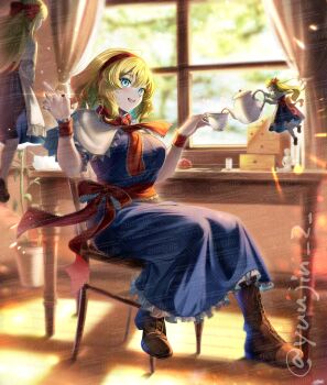 3girls absurdres alice_margatroid blue_dress blurry blurry_background blush boots breasts brown_boots capelet chair commentary cup doll dress floating frilled_ribbon frilled_wristband frills hairband highres holding holding_cup holding_teapot indoors jewelry lace-up_boots large_breasts multiple_girls multiple_rings on_chair plant potted_plant pouring puppet_rings puppet_strings red_hairband red_ribbon ribbon ring sample_watermark shanghai_doll sitting smile teacup teapot touhou twitter_username watermark white_capelet yujin_(kanouyuuto-0423)