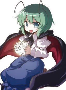 1girl akaneya antennae aqua_eyes baggy_pants cape female_focus glowing green_hair juliet_sleeves long_sleeves open_mouth pants puffy_sleeves shirt simple_background smile solo touhou wriggle_nightbug