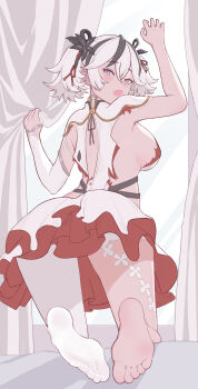 1girl alternate_breast_size_(larger) arm_up ass barefoot black_eyes black_flower blake_bloom_(wuthering_waves) blush breasts camellya_(wuthering_waves) commentary curtain_grab curtains dress feet flower from_behind full_body hair_between_eyes hair_flower hair_ornament hair_ribbon highres indoors kneeling large_breasts looking_at_viewer looking_back moyude_wangzi_jiang open_mouth pantyhose red_pupils red_ribbon ribbon short_hair short_twintails single_leg_pantyhose soles solo toes twintails variant_set white_dress white_hair white_pantyhose window wuthering_waves