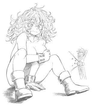 1boy 1girl aoyama_yuga arm_between_legs arms_behind_back arms_up asdf_4532 blush boku_no_hero_academia boots breasts covering_breasts covering_privates curly_hair eyelashes gloves greyscale hagakure_toru hashtag-only_commentary highres large_breasts long_hair looking_at_viewer monochrome nude simple_background sitting solo_focus sparkle thighs wavy_mouth white_background