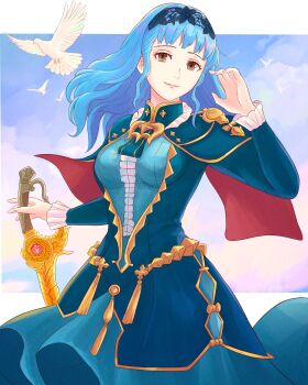 1girl absurdres bird blue_dress blue_hair blue_hairband blutgang_(fire_emblem) breasts brown_eyes center_frills closed_mouth dove dress fire_emblem fire_emblem:_three_houses fire_emblem_warriors:_three_hopes frills gold_trim hairband highres holding holding_sword holding_weapon lace-trimmed_hairband lace_trim long_hair long_sleeves looking_at_viewer marianne_von_edmund medium_breasts nintendo official_alternate_costume official_alternate_hairstyle solo sword truejekart wavy_hair weapon