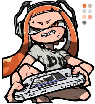 Rule 34 | 1girl, angry, bare legs, barefoot, breasts, broken screen, clenched teeth, color guide, crack, cracked screen, fangs, game console, grey shirt, headphones, inkling, inkling girl, inkling player character, long hair, medium breasts, name omoitukan2, nintendo, orange eyes, orange hair, playing games, shiny skin, shirt, short sleeves, simple background, sitting, solo, splatoon (series), sweat, teeth, tentacle hair, thick lineart, uneven eyes, white background, wii u, wii u gamepad