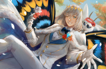 Rule 34 | 1boy, black bow, black bowtie, blanca (fate), bow, bowtie, butterfly wings, commentary, english commentary, fate/grand order, fate (series), flower, gloves, grin, highres, holding, holding flower, insect wings, jacket, long sleeves, looking at viewer, male focus, oberon (fate), oberon (first ascension) (fate), one eye closed, pants, renrenka noi, rose, shirt, short hair, smile, solo, white flower, white gloves, white jacket, white pants, white rose, white shirt, wings