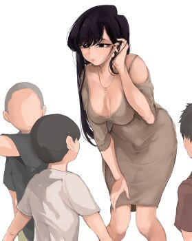 1girl 3boys absurdres black_eyes black_hair blush breasts brown_dress cleavage dress highres jewelry komi-san_wa_komyushou_desu komi_shouko large_breasts long_hair mamimi_(mamamimi) multiple_boys necklace simple_background white_background