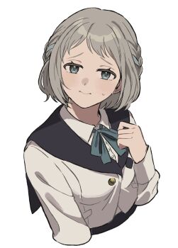 1girl black_sailor_collar commentary commentary_request english_commentary gakuen_idolmaster grey_hair highres idolmaster jacket katsuragi_lilja looking_at_viewer mixed-language_commentary sailor_collar short_hair simple_background solo upper_body white_background white_jacket yureru_300