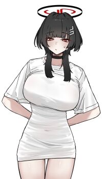 1girl alternate_hair_length alternate_hairstyle arms_behind_back black_hair blue_archive blunt_bangs breasts choker guwall hair_ornament hairclip halo highres large_breasts long_hair red_eyes ringed_eyes rio_(blue_archive) short_hair_with_long_locks simple_background solo sweatdrop white_background