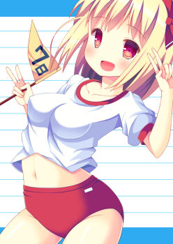 1girl blonde_hair breasts buruma collarbone cowboy_shot female_focus flag gym_uniform hair_ribbon hazakura_satsuki highres long_sleeves medium_breasts midriff navel numbered_flag open_mouth puffy_long_sleeves puffy_short_sleeves puffy_sleeves red_eyes ribbon rumia short_sleeves smile solo thighs touhou v