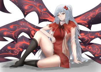 1girl areola_slip arm_support breasts capelet chestnut_mouth commentary demon_wings grey_hair hair_bobbles hair_ornament highres knee_up kneehighs large_breasts long_hair looking_at_viewer multiple_wings naked_tabard neck_ribbon one_side_up oni-boni open_mouth red_capelet red_eyes red_tabard ribbon shadow shinki_(touhou) simple_background sitting slit_pupils socks solo tabard thick_thighs thighs touhou touhou_(pc-98) very_long_hair white_background white_hair wings