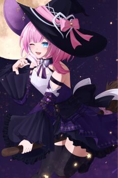 1girl bare_shoulders black_hat blue_eyes breasts broom broom_riding cyrene_(aedes_elysiae)_(honkai:_star_rail) cyrene_(honkai:_star_rail) dress full_moon hat highres honkai:_star_rail honkai_(series) looking_at_viewer medium_breasts medium_hair moon night night_sky one_eye_closed open_mouth pink_hair purple_dress sky solo u7_u7u witch_hat