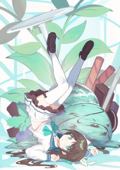 1girl airi_(blue_archive) black_shoes blue_archive blue_sailor_collar brown_hair closed_mouth commentary food green_eyes halo highres ice_cream ice_cream_cone klaius leaf long_hair long_sleeves looking_at_viewer sailor_collar school_uniform serafuku shoes skirt solo thighhighs upside-down white_skirt white_thighhighs