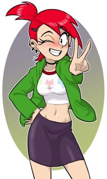 1girl black_choker blush breasts choker commentary crop_top ear_piercing earrings foster's_home_for_imaginary_friends frankie_foster green_jacket hand_on_own_hip jacket jewelry looking_at_viewer navel one_eye_closed piercing red_hair simple_background skirt smile solo symbol-only_commentary ta-na_(tana351) teeth thighs v