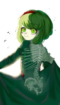 1girl bone closed_mouth danganronpa_(series) danganronpa_another_episode:_ultra_despair_girls dress from_behind green_dress green_hair hairband highres hip_bones long_sleeves looking_at_viewer looking_back red_hairband ribs short_hair simple_background smile solo towa_monaca white_background yo_(tb8_vq)