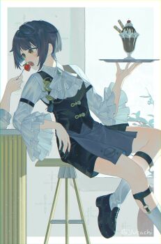 1boy absurdres alternate_costume ascot bar_stool black_shoes black_vest blue_hair food fork frills fruit genshin_impact highres holding holding_tray ice_cream legwear_garter male_focus mary_janes open_mouth shoes short_hair shorts sitting socks solo stool strawberry sundae thighs tray vest white_ascot white_socks xingqiu_(genshin_impact) yellow_eyes yukachiee