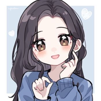 Rule 34 | 1girl, :d, black hair, blue background, blue sweater, blush, border, brown eyes, commentary, dot nose, hands up, long hair, long sleeves, looking at viewer, open mouth, original, outside border, parted bangs, portrait, smile, solo, sweater, symbol-only commentary, white border, yukomeow