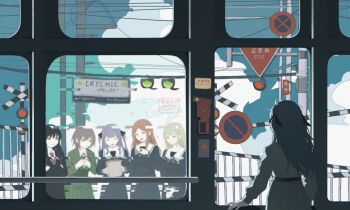 5girls absurdres bang_dream! bang_dream!_it&#039;s_mygo!!!!! black_hair black_jacket black_ribbon blazer blue_eyes blue_hair blue_shirt blue_skirt brh brown_eyes brown_hair chinese_commentary closed_eyes closed_mouth cloud collared_shirt commentary_request crychic_(bang_dream!) cumulonimbus_cloud diagonal-striped_clothes diagonal-striped_necktie falling_petals glass-breaking_hammer glitch green_hair green_jacket green_skirt grey_hair grey_neckerchief grey_skirt hair_ribbon haneoka_school_uniform highres jacket long_hair long_sleeves mole mole_under_eye multiple_girls nagasaki_soyo neck_ribbon neckerchief necktie open_mouth petals pleated_skirt power_lines purple_eyes purple_necktie railroad_crossing red_ribbon ribbon road_sign school_uniform shiina_taki shirt shirt_tucked_in short_hair sidelocks sign skirt stop_sign striped_clothes takamatsu_tomori togawa_sakiko train_interior tsukinomori_school_uniform two_side_up utility_pole wakaba_mutsumi white_shirt yellow_eyes