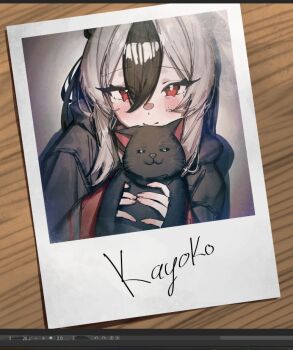 1girl animal art_program_in_frame betabeet black_cat black_hoodie blue_archive blush cat character_name closed_mouth grey_hair hands_up holding holding_animal holding_cat hood hood_down hoodie kayoko_(blue_archive) long_hair long_sleeves looking_at_viewer multicolored_hair polaroid_photo sidelocks smile solo white_hair