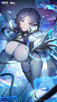 1girl blue_eyes blue_hair bodysuit breasts chinese_commentary coat commentary_request copyright_name cropped floating floating_object goddess_of_victory:_nikke highres holographic_interface large_breasts long_hair looking_at_viewer microphone official_art open_clothes open_coat painted_skin_(nikke) parted_bangs parted_lips reaching reaching_towards_viewer solo white_bodysuit white_coat