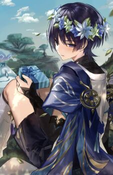 Rule 34 | 1boy, aranara (genshin impact), ararycan (genshin impact), armor, black bodysuit, black bridal gauntlets, blue cape, blue flower, blue hat, blue sky, blue sleeves, blue trim, blunt ends, blurry, bodysuit, bridal gauntlets, cape, cloud, cloudy sky, commentary request, depth of field, eyeliner, eyeshadow, falling leaves, flower, flower wreath, furisode, genshin impact, gift, gold, gold ring, gold trim, grass, green flower, hat, highres, holding, holding gift, japanese armor, japanese clothes, jingasa, kimono, knees up, kote, kurokote, layered sleeves, leaf, leg warmers, looking at viewer, looking back, makeup, male focus, middle ring, on grass, outdoors, parted lips, purple eyes, purple flower, purple hair, red eyeliner, red eyeshadow, scaramouche (genshin impact), short sleeves, sitting, sky, sumeru city, tassel, tree, tsurime, unworn hat, unworn headwear, wanderer (genshin impact), white kimono, white leg warmers, white sleeves, white trim, wispy bangs, yu (geda4335)