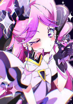 Rule 34 | 1girl, ;o, absurdres, beamed eighth notes, black background, black bow, black dress, black gloves, black hair, blowing kiss, blurry, bow, commentary, cure kiss, dress, earrings, eyeliner, fortissimo, gloves, hair bow, hair ornament, heart, highres, jewelry, kimi to idol precure, long hair, looking at viewer, makeup, meroron (precure), multicolored hair, musical note, musical note hair ornament, one eye closed, pink dress, pixiv username, potacure, precure, purple eyes, purple hair, solo, sparkle, twitter username, two-tone dress, two-tone hair, upper body