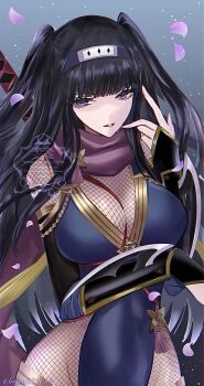 1girl black_hair bodystocking breasts cleavage commentary_request covered_navel fire_emblem fire_emblem_awakening fire_emblem_heroes fishnet_bodystocking fishnets headband helen_(helen2210hk) highres japanese_clothes large_breasts long_hair ninja nintendo no_panties official_alternate_costume pelvic_curtain scarf solo sword tharja_(fire_emblem) tharja_(ninja)_(fire_emblem) weapon