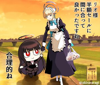 2girls a-kiraa_(whisper) absurdres apron black_hair blonde_hair blue_archive chibi evening halo height_difference highres long_hair maid maid_apron maid_headdress multiple_girls red_eyes rio_(blue_archive) toki_(blue_archive)