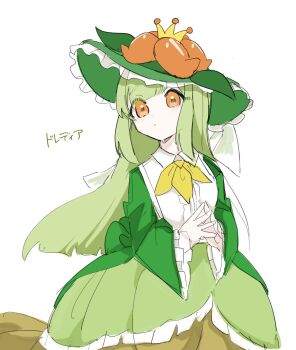 :&lt; ayaka_488 crown dress flower frilled_dress frills gen_5_pokemon green_dress green_hair green_hat hat highres lilligant long_hair looking_at_viewer orange_eyes orange_flower personification ribbon simple_background