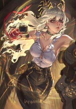 1girl arm_strap artist_name bare_shoulders black_choker black_gloves black_horns black_pants blonde_hair breasts button_gap choker clenched_hand closed_mouth collarbone commentary cowboy_shot curled_horns earrings english_commentary gloves high-waist_pants highres horns jewelry key_earrings large_breasts long_hair looking_ahead mole mole_under_eye necktie necktie_around_wrists pants red_eyes red_necktie shield shirt shirt_tucked_in solo torn_clothes torn_shirt white_shirt wuthering_waves yaminokuni zani_(wuthering_waves)