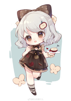 Rule 34 | 1girl, absurdres, ankle socks, apple, apple hair ornament, apple print, bare shoulders, black bow, black bowtie, black dress, black shoes, blue background, bow, bowtie, breasts, brown eyes, bug, butterfly, chibi, chinese commentary, cleavage, clenched hand, collared dress, commentary request, dot nose, dress, eyelashes, flag, food, food-themed hair ornament, food print, frilled dress, frills, fruit, fruit print, fruity wish (infinity nikki), grey bow, grey hair, grey scrunchie, grey socks, hair bow, hair ornament, hairclip, happy, head tilt, heart, high collar, highres, holding, holding plate, infinity nikki, insect, lace-trimmed socks, leg up, light blush, light particles, looking at viewer, medium hair, nikki (series), nuli de chengzhi er, open mouth, plate, pleated dress, polka dot, polka dot bow, polka dot scrunchie, polka dot socks, scrunchie, shoes, short dress, single bare arm, sleeveless, sleeveless dress, smile, socks, solo, sparkle, standing, striped clothes, striped dress, tareme, two-tone background, two-tone bow, vertical-striped clothes, vertical-striped dress, waist bow, watermark, wavy hair, weibo watermark, white background, wrist scrunchie, yellow bow