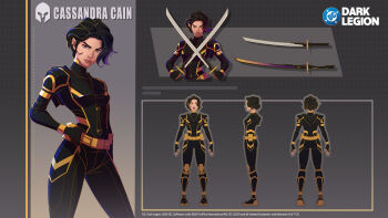 1girl armored_bodysuit batman_(series) belt black_bodysuit black_gloves black_hair bodysuit boots breasts cassandra_cain character_name city city_lights cityscape commentary crossed_swords dc:_dark_legion dc_comics dual_wielding english_commentary eyelashes fingerless_gloves full_body full_moon gloves gold_trim gotham highres holding holding_sword holding_weapon katana knee_boots looking_at_viewer moon multicolored_bodysuit multiple_views narrow_waist night outline pink_lips reference_sheet short_hair simple_background skyline small_breasts superhero_costume sword turnaround upper_body utility_belt weapon yellow_belt yellow_eyes yellow_outline