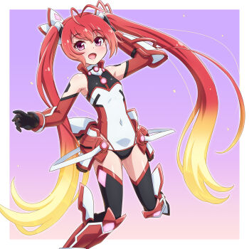 Rule 34 | 1girl, :d, antenna hair, armored boots, black gloves, black thighhighs, blonde hair, blush, boots, border, commentary request, covered navel, detached sleeves, flat chest, gloves, gradient background, gradient hair, highres, leotard, long hair, multicolored hair, open mouth, ore twintail ni narimasu, outside border, purple background, red eyes, red hair, red sleeves, red trim, shiny skin, smile, solo, tailred, thighhighs, very long hair, white border, white leotard, yosuzu