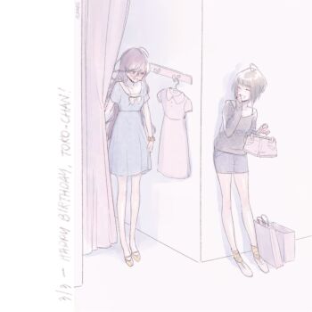 2girls ahoge alternate_costume bag blue_dress blush bow character_name closed_eyes clothes_hanger commentary curtains danganronpa_(series) danganronpa_another_episode:_ultra_despair_girls dated dress embarrassed english_commentary fitting_room fukawa_toko full_body glasses grey_shirt hair_between_eyes happy_birthday highres indoors long_hair long_sleeves multiple_girls naegi_komaru open_mouth purple_hair round_eyewear rui_(ruiaes) shadow shirt shoes shopping_bag short_hair short_sleeves shorts smile socks standing unworn_dress unworn_shorts white_bow white_shoes
