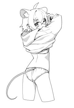 1girl absurdres ahoge animal_ear_fluff animal_ears arched_back arms_up ass back bags_under_eyes blush bra clothes_lift clothing_cutout commentary cropped_legs crossed_bangs dot_nose earrings extra_ears eyebrows_hidden_by_hair flat_ass from_behind go!_go!_gris! greyscale hair_between_eyes hair_intakes highres hood hood_down hoodie jewelry long_sleeves looking_to_the_side medium_hair monochrome mouse_ears mouse_girl mouse_tail multiple_piercings no_pants one_eye_closed original panties perl_(go!_go!_gris!) short_hair sidelocks simple_background solo standing symbol-only_commentary tail tail_through_clothes thighs underwear undressing vertigris white_background