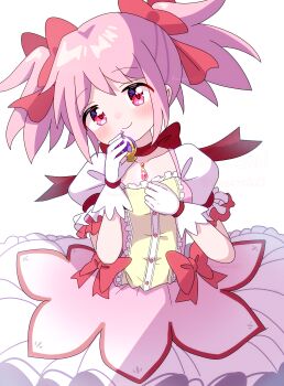 1girl absurdres bow bow_choker center_frills chest_jewel choker circle_skirt closed_mouth collarbone cowboy_shot dot_nose dress frilled_dress frilled_skirt frills gem gloves hair_bow happy head_tilt highres holding holding_gem kaname_madoka kaname_madoka_(magical_girl) light_blush magical_girl mahou_shoujo_madoka_magica mahou_shoujo_madoka_magica_(anime) miniskirt mmmera827 pink_bow pink_dress pink_eyes pink_gem pink_hair pleated_skirt puffy_short_sleeves puffy_sleeves purple_gem red_bow red_choker revision short_dress short_hair short_sleeves short_twintails simple_background skirt skirt_under_dress smile solo soul_gem square_neckline twintails waist_bow white_background white_gloves white_skirt white_sleeves